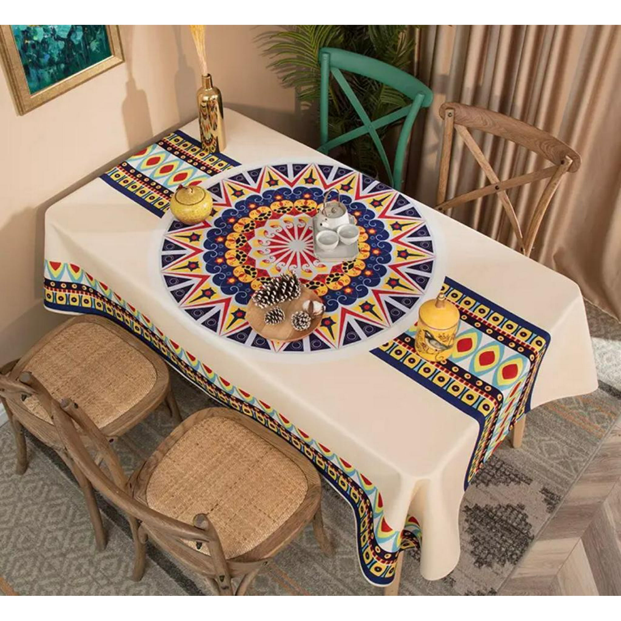 Genérico - Mantel Rectangular Antimanchas 140 X 230 Cm - Morado Mándala Crema