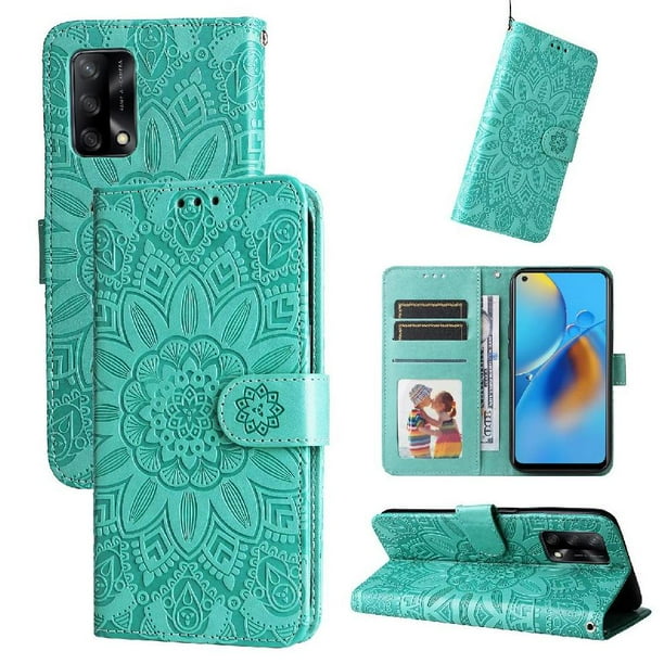 Funda tipo cartera FOXDOCK para OPPO A74 4G , diseño girasol en relieve, cuero PU, cierre magnético, soporte y tarjetero