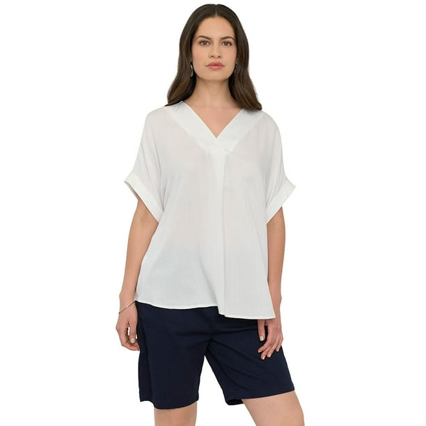 Blusa Mujer Manga Corta Ecru Cuello V Corona