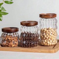 Santú Home & Deco - Frascos De Vidrio Tapa Madera Y Ondas Set 3Un