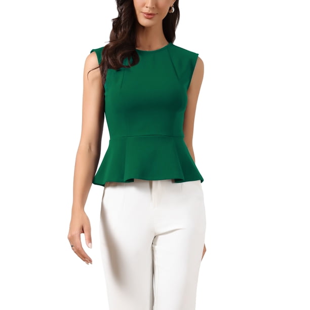 INSPIRE CHIC Chaleco Peplum para Mujer Elegante sin Mangas Cuello Redondo Dobladillo Acampanado Blusas de Oficina M Verde Oscuro