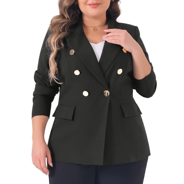 Agnes Orinda Blazers de Mujer Tallas Grandes Solapa de Muesca Manga Larga Botones Chaquetas de Trabajo de Oficina con Bolsillos 4X Negro