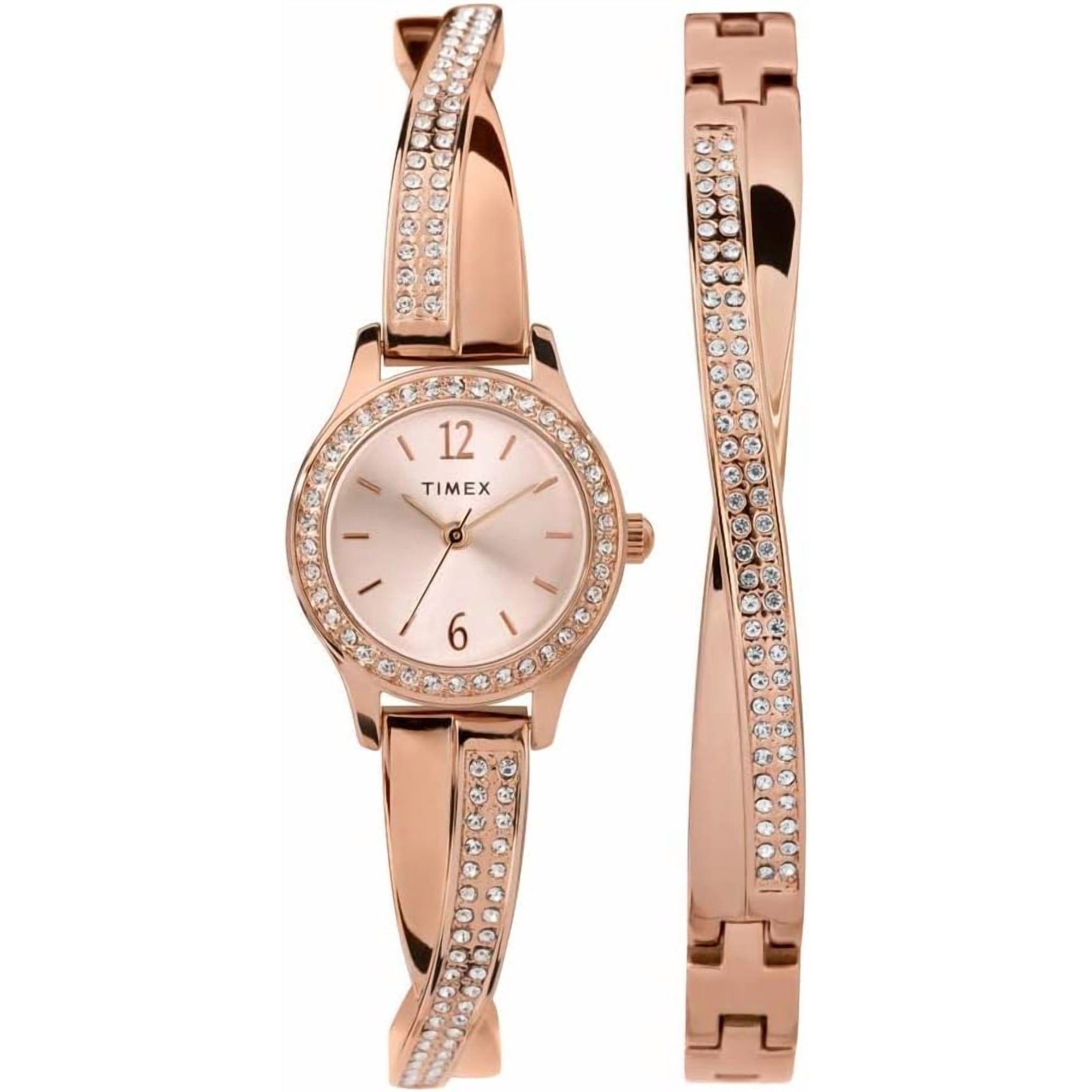 Reloj De Vestir Digital Timex Crystal 23mm Set De Regalo Pulsera Tono Oro Rosado Mujer