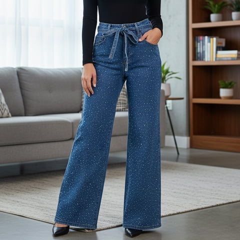 Flix Spa - Pantalón Mezclilla Wide Leg Mujer Tiro Alto Detalle Brillos