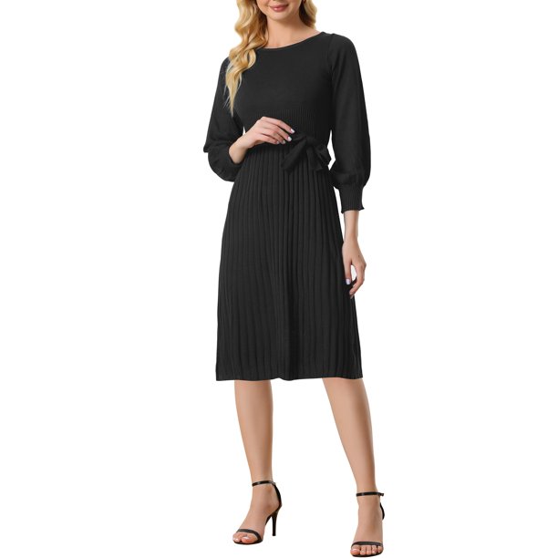 INSPIRE CHIC Vestido de Mujer de Punto con Cuello Redondo, Mangas 3/4 de Linterna, Cinturón y Dobladillo Plisado S Negro