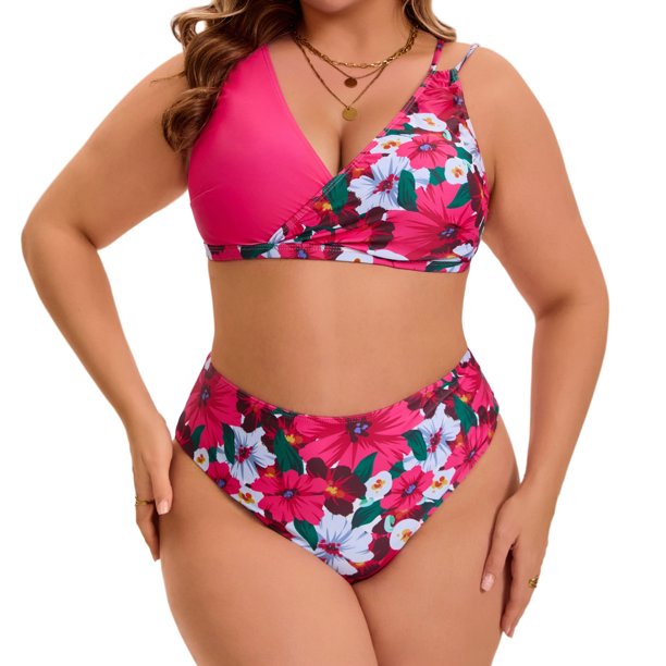 Agnes Orinda Conjunto de Bikini de 2 Piezas para Mujer de Talla Grande Trajes de Baño Floral de Cintura Alta Realce Impreso para Vacaciones en la Playa Fiesta en la Piscina Talla 3X Rojo Rosa