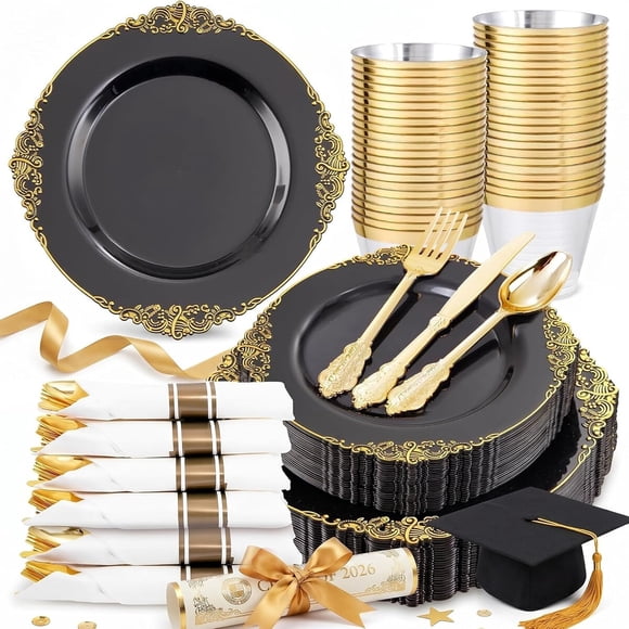 Set de Platos Plásticos Desechables Nervure Negro y Dorado 175 Piezas