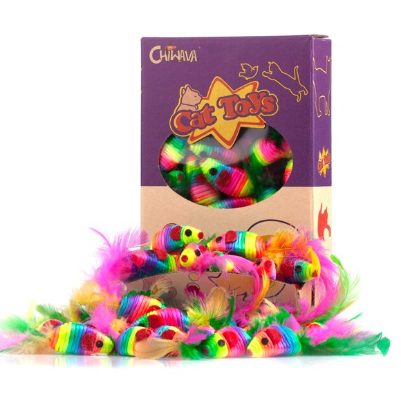 Ratones con forma de cuerda arcoíris de juguete para gatos CHIWAVA, 24 unidades, con plumas y sonaje