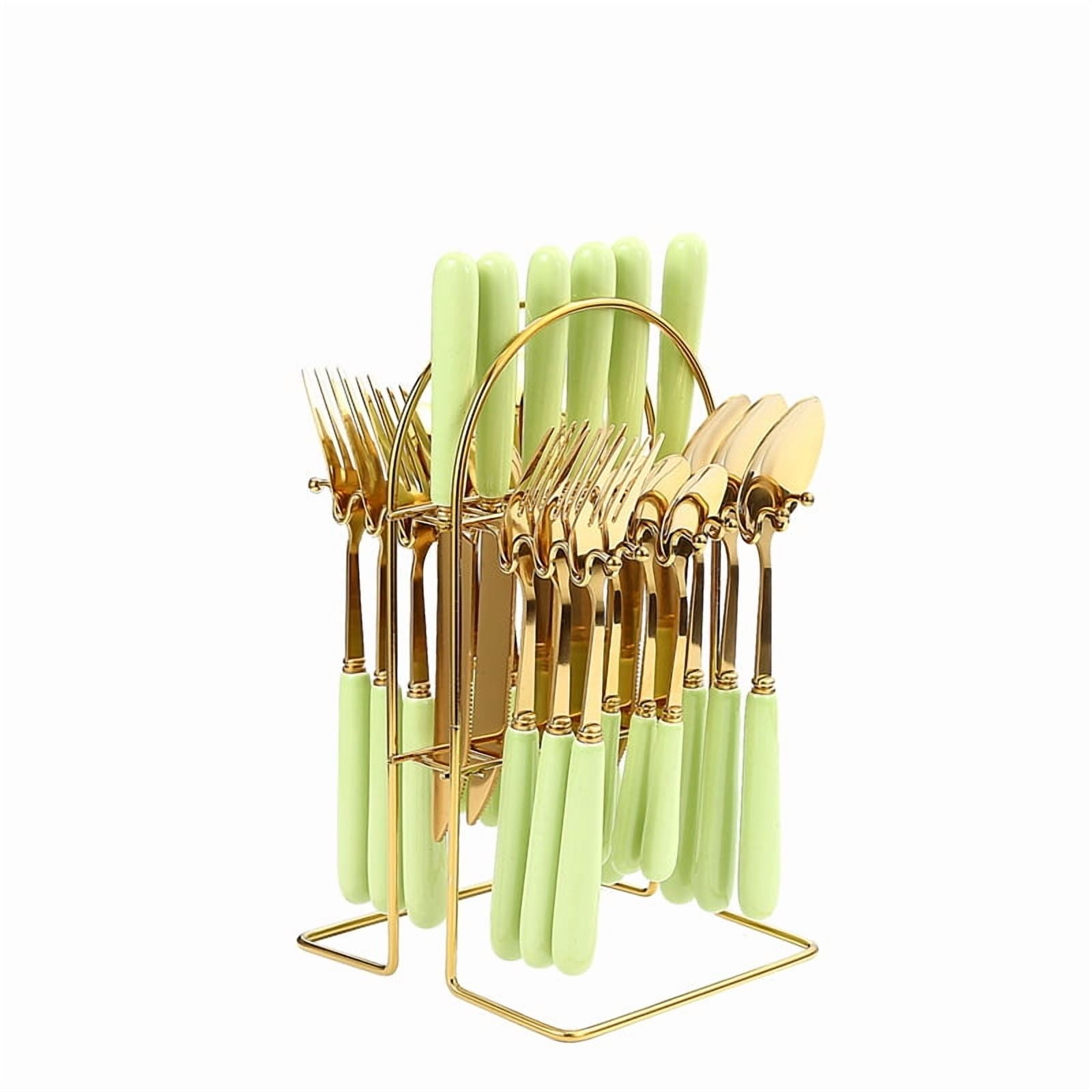 Xmhytop Juego De Cubiertos De Oro Verde 24 Piezas Flatware Set De Acero Inoxidable, Ideal Para Familias Y Eventos