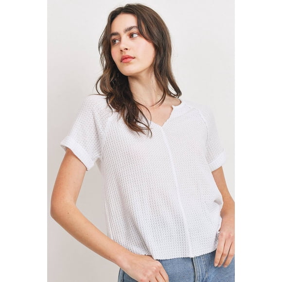 Blusa Thin Blue Line Cuello En V Borde Crudo Mangas Cortas Marshmallow L