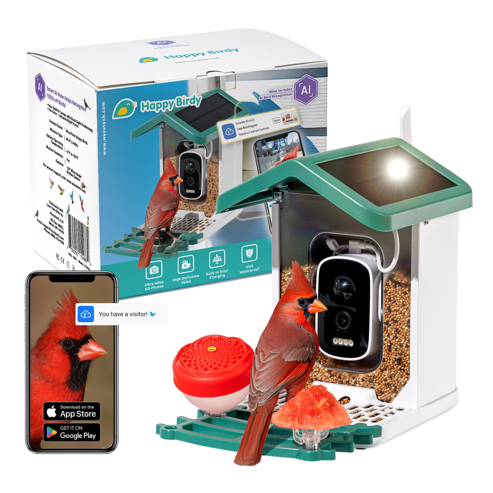 Comedero Para Pájaros Wuzutech Happy Birdy Con Cámara De Vídeo Hd De 2,5 K