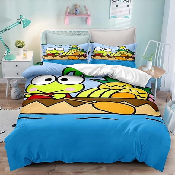 Bed- Duvet C-over A-nime -Cartoon Ker-oppi Kaw-aii Bedd-ing S-ets 3D Light-weig-ht 3 Pie-ce Comfort-er Sets