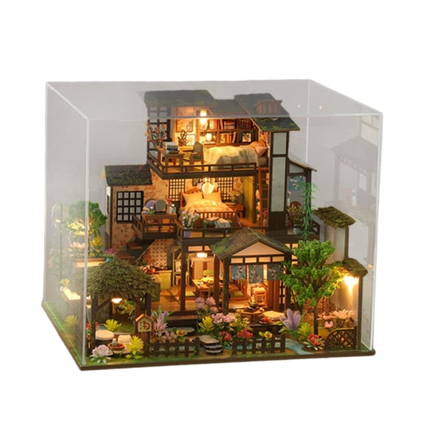 Casa de muñecas en miniatura de madera DIY, adorno de casa de muñecas hecho a mano, juego de construcción de casa pequeña con accesorios para niños y