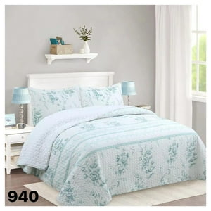 Genérico - Cubrecama Quilt Verano King - Blanco Flores Verde Agua Xf80