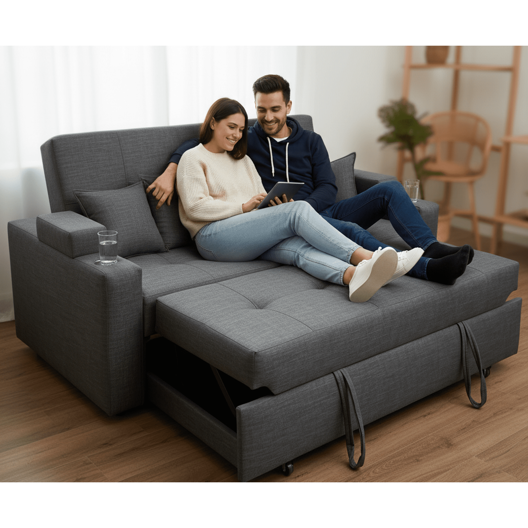 Camila Home - Sofá Cama 2 Plazas Reclinable Con Baúl Y Portavasos Royal Lino Tokio Gris Oscuro