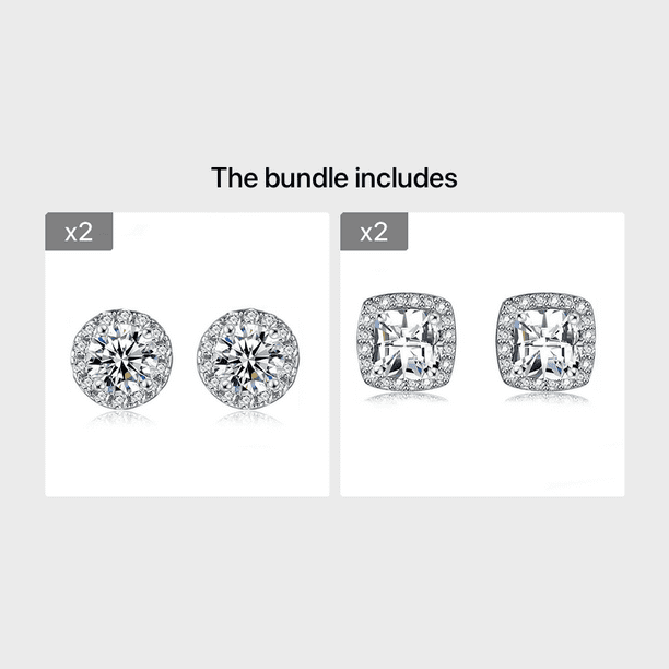 18K White Golden Plated Halo Stud Earrings with Square Cubic Zirconia and Simulated Diamonds