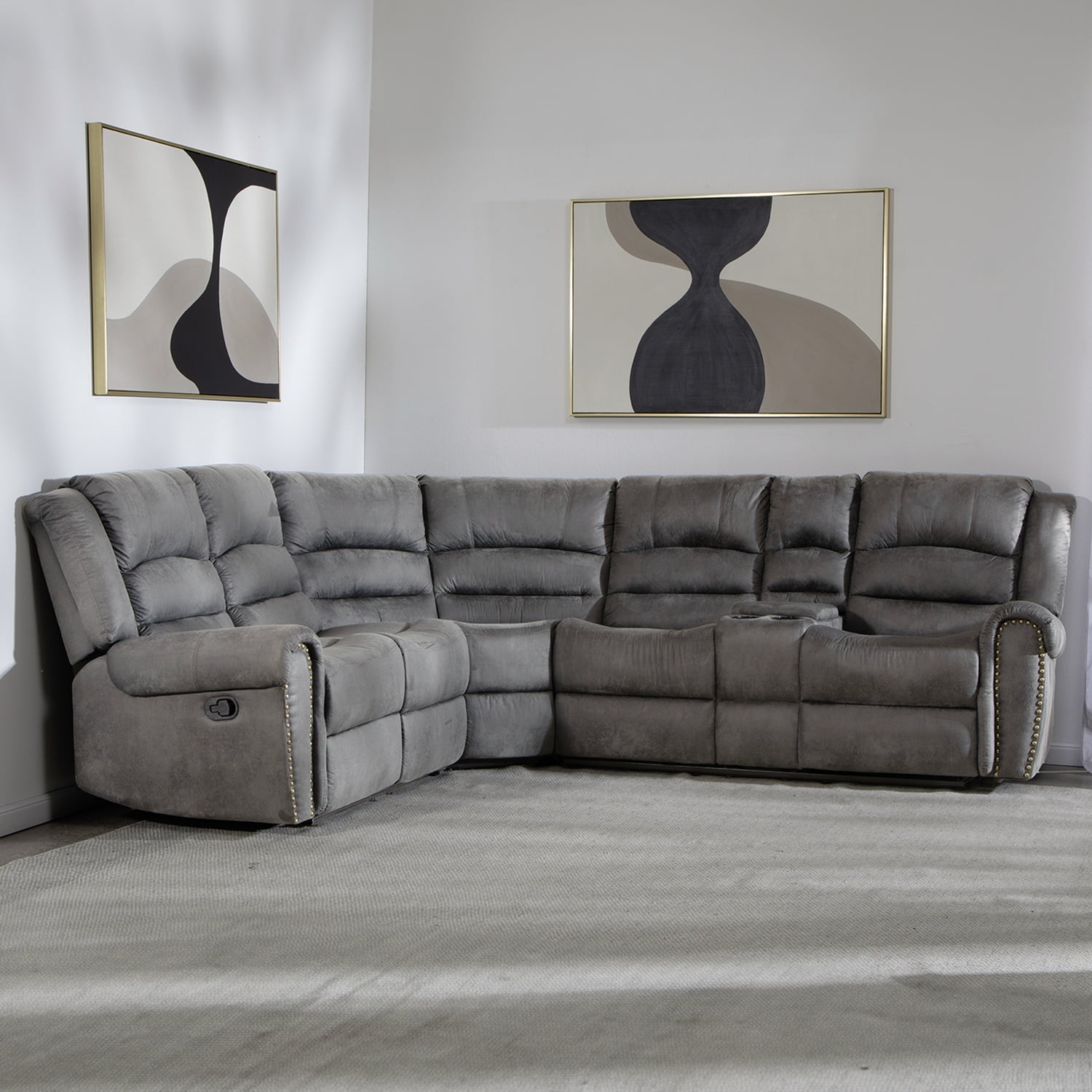 Daniels - Sofá Seccional Reclinable Moderno Gris 5 Cuerpos + Consola Castle