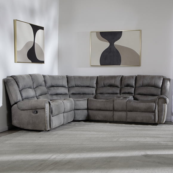 Sofá Seccional Reclinable Moderno Gris 5 Cuerpos + Consola Castle