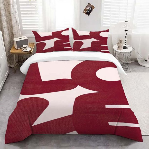 3pcs Red and White Geometric Star Pattern Bedding Set Soft and Comfortable