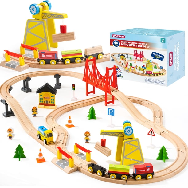 Set de trenes de madera SYNCFUN Construction Express, 60 unidades para niños de 2 a 8 años