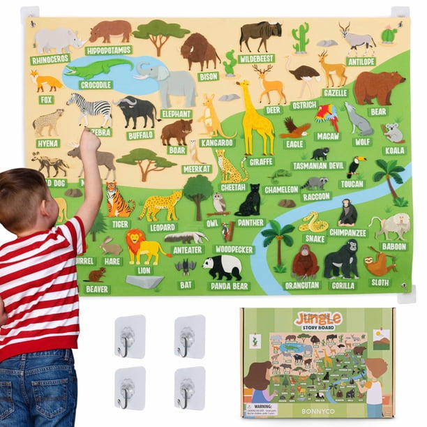 Tabla de fieltro Bonnyco con 116 figuras de animales de la jungla para niños de 3 a 8 años