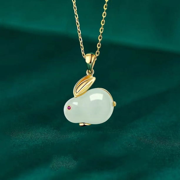 Chinese Style Jade Rabbit Bracelet Necklace Earrings 3pcs/Set 18K Gold Plated Jewelry For Women Girls BFF Gift Easter Bunny