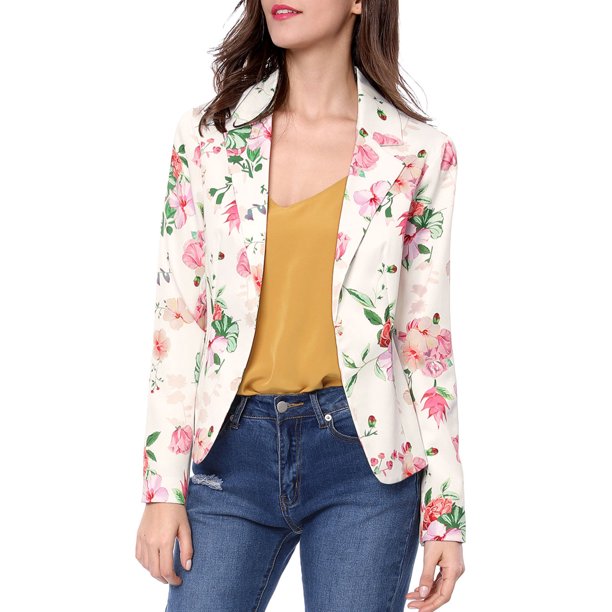INSPIRE CHIC Traje de Maestra para Regreso a Clases para Mujer Blazer Ajustado Solapa de Muesca Estampado Chaqueta de Traje Abierta para Trabajo 2XL Blanco-Floral