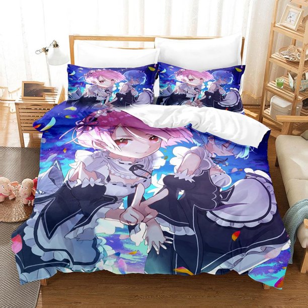 Anime Re Zero Rem Ram Emilia Bedding Set,Duvet Cover Bed Set Quilt Cover Pillowcase, Boys Girls Adults Bed Sheets