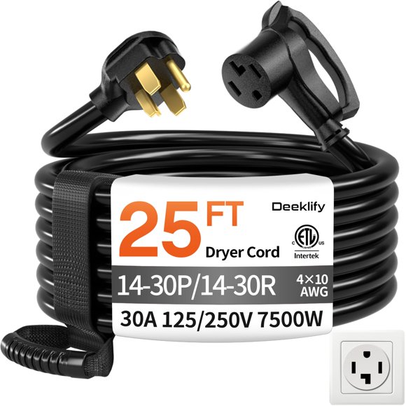 Cable de extensión para secadora Deeklify 7,6 m 30 A calibre 10/4 negro