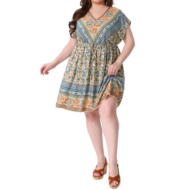 Vestido Boho Floral con Cuello en V y Hombros Caídos para Mujer de Talla Grande Agnes Orinda, Vestidos de Playa con Cintura Ajustable, Talla 2X Beige