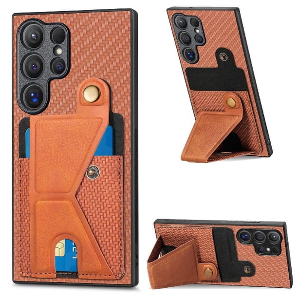 Funda Resistente para Samsung Galaxy S24 Ultra con Tarjetero y Soporte, Diseño Magnético Marrón