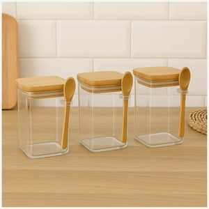 Disparo - Set 3 Frasco Contenedor 1400Ml 15Cm Cuadrado Cuchara Bambú