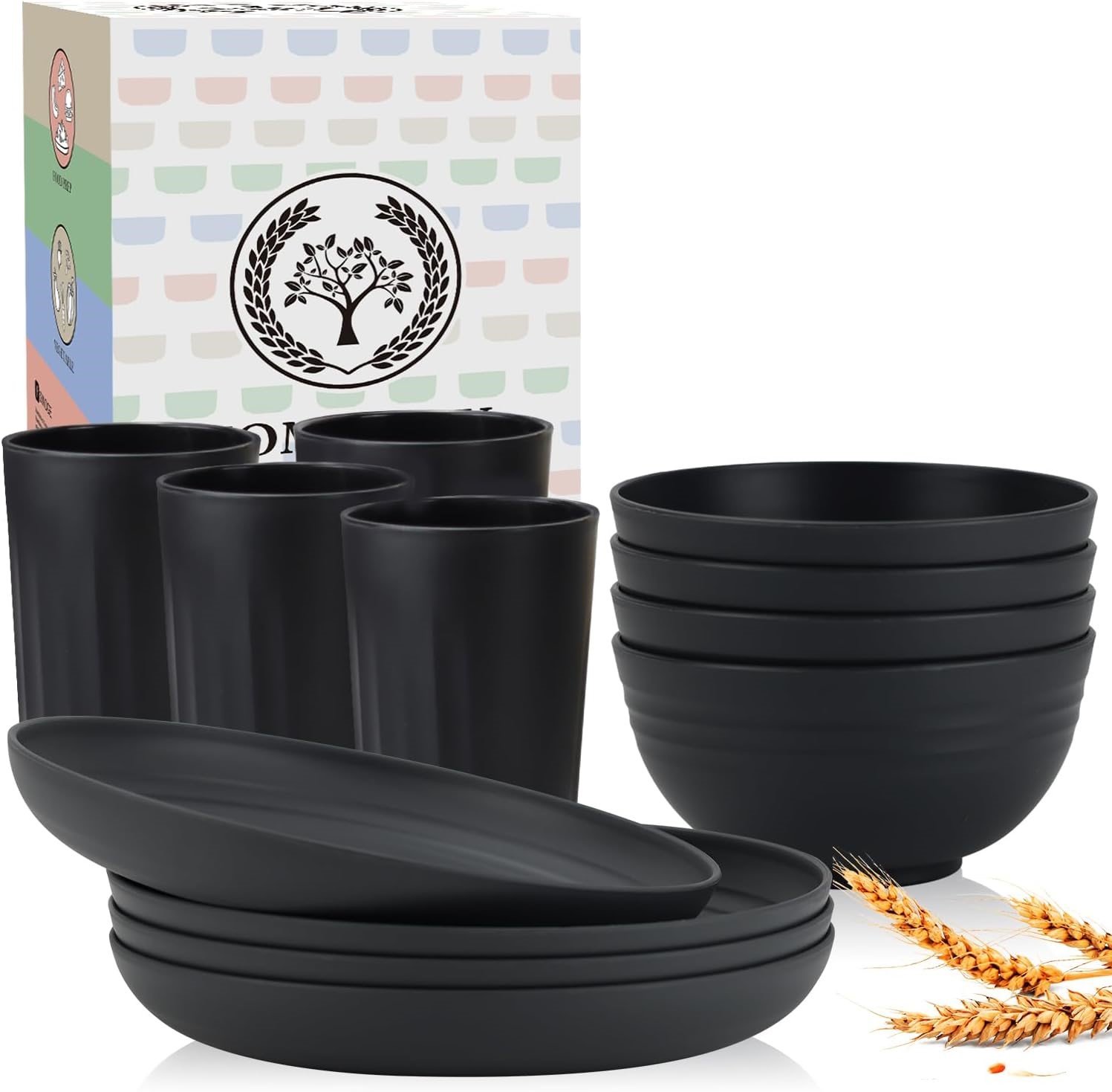 Wakeshome - Juego De Vajilla Paja Trigo De 16 Pzas Para 4 Personas Negro