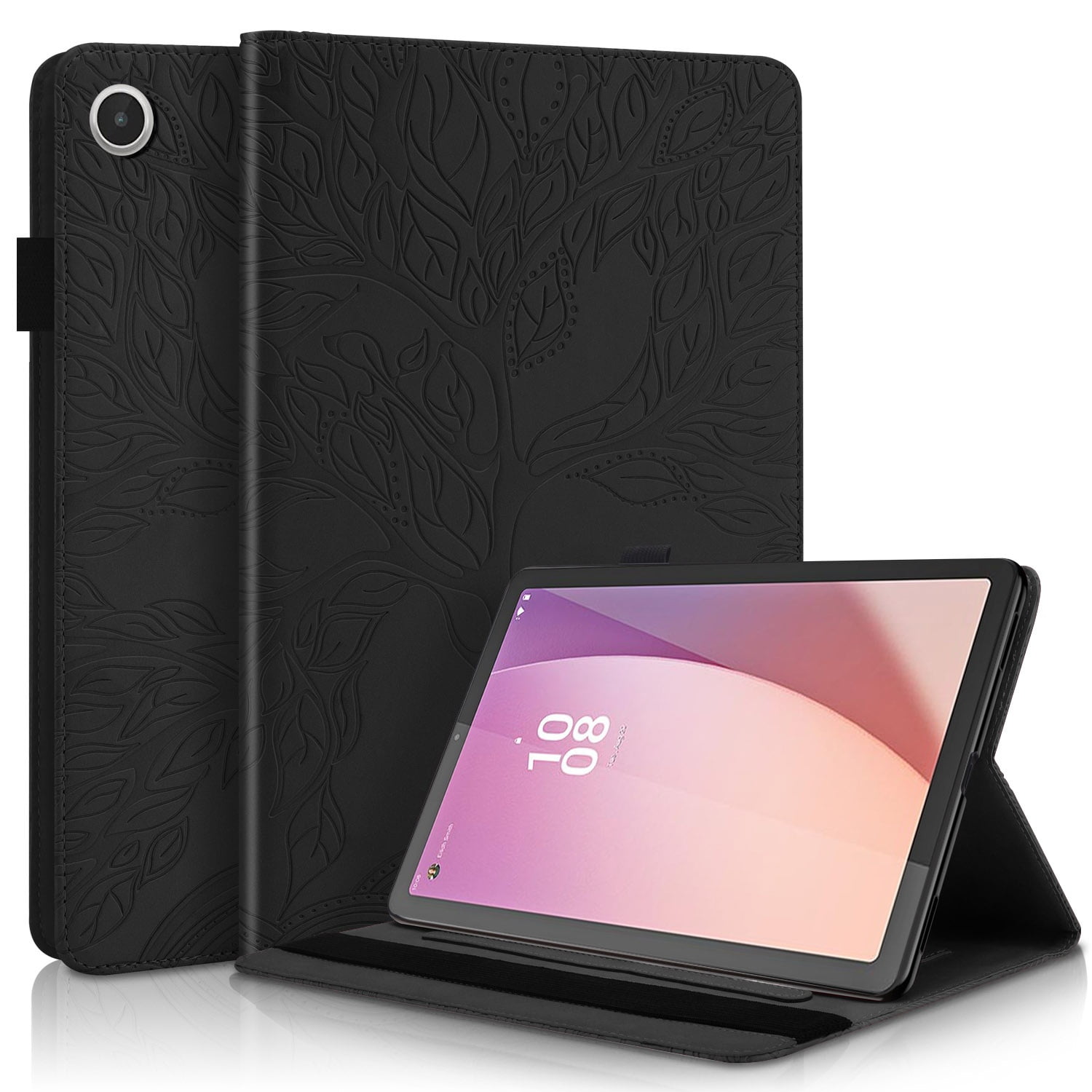 Foxdock - Funda Con Relieve Del Árbol De La Vida Para Tablet Lenovo Tab M8(4th Gen) Con Soporte, Ranuras Para Tarjetas Y Soporte Para Lápiz Óptico. Negro
