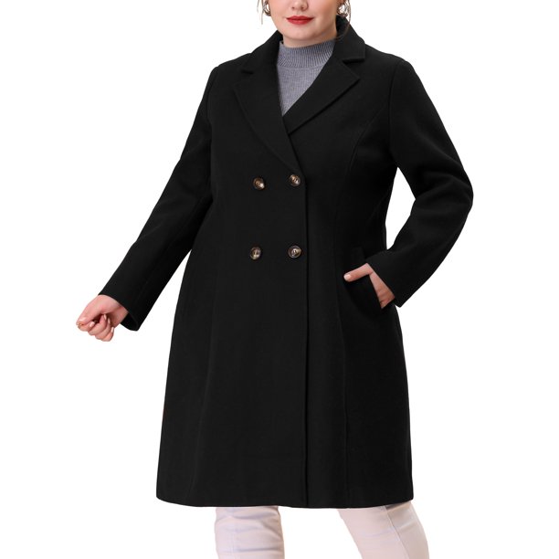 Abrigos largos de mujer talla grande Agnes Orinda con solapa con muescas, doble botonadura, abrigo de invierno con bolsillos 2X negro