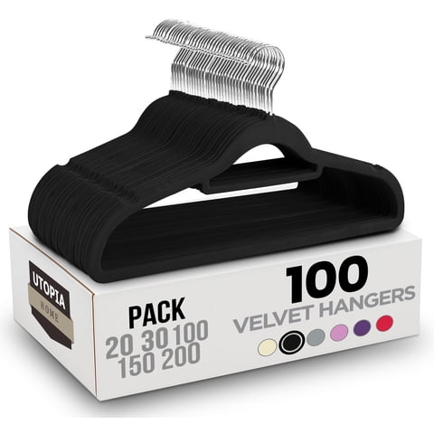 Set De 100 Perchas De Terciopelo Para Ropa De Utopia Home, Negras