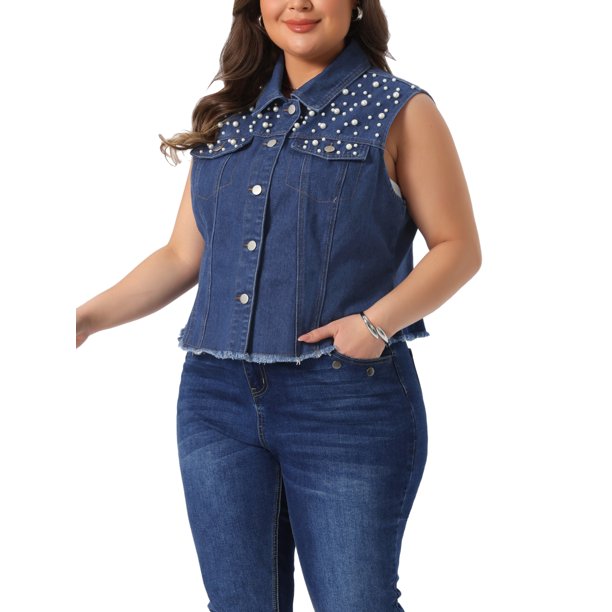 Chaleco de mezclilla recortado sin mangas con botones de perlas bordados y desgastados para mujer de talla grande de Agnes Orinda, chaqueta de chaleco casual con decoración de bolsillo 2X azul