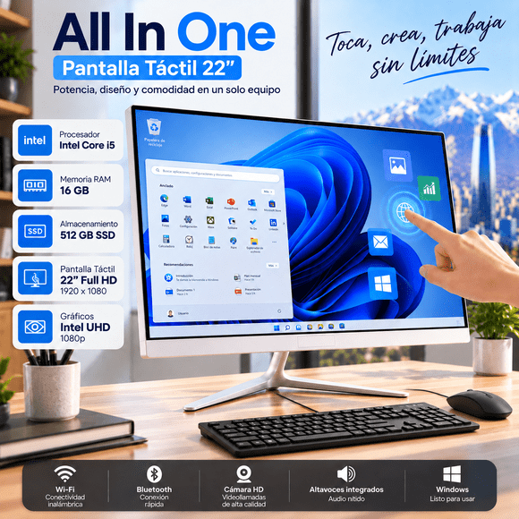 All In One PC Intel I5 16GB 512GB SSD Pantalla Táctil 22" FHD 1080p