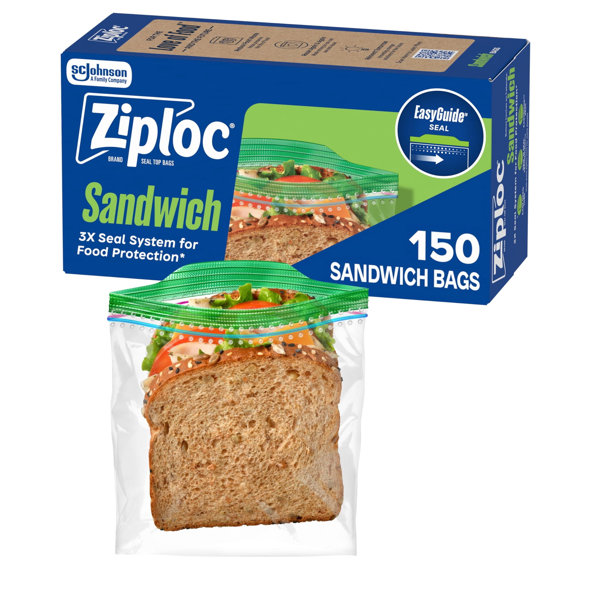 Ziploc - Bolsas De Almacenamiento De Alimentos Con Cierre Hermético Para Sándwiches Y Aperitivos, 150 Bolsas