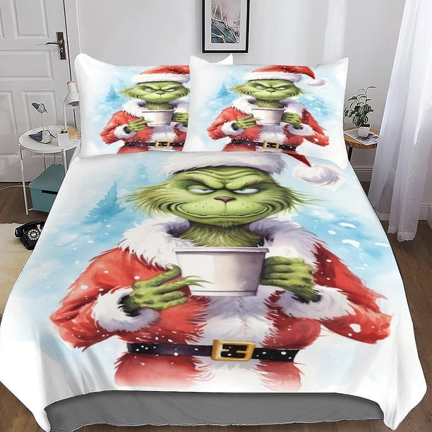 Juego de funda nórdica con estampado 3D de monstruo de pelo verde, de microfibra suave, para adultos, adolescentes y niños, 3 piezas con fundas de almohada con cremallera, ideal para Navidad