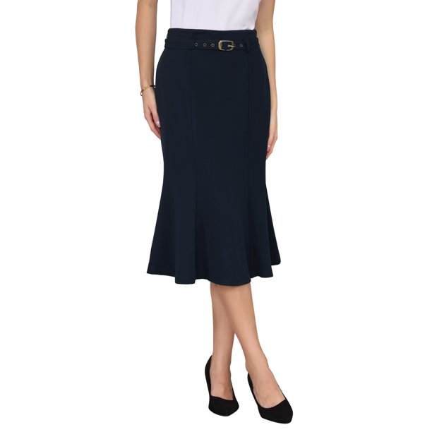 INSPIRE CHIC Falda Elegante de Mujer con Cola de Sirena, Cintura Alta, Cinturón, Trabajo, Midi, Azul Oscuro, Talla S