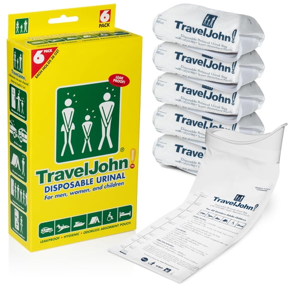 Urinario desechable TravelJohn TJ1A-C de 800 ml para todos los géneros (paquete de 6)