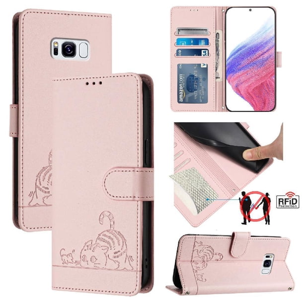 Funda tipo cartera FOXDOCK para Samsung Galaxy S8Plus con soporte, ranuras, RFID, diseño de gato