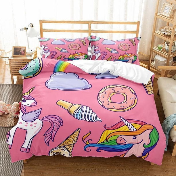 Cartoon Unicorn Rainbow Ice Cream Cloud Quilt Duvet Cover Set 3-Piece Bedding Set