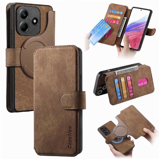 Funda Billetera Magnética para Xiaomi Redmi Note 14 4G Soporte Tarjetas Desmontable Marrón