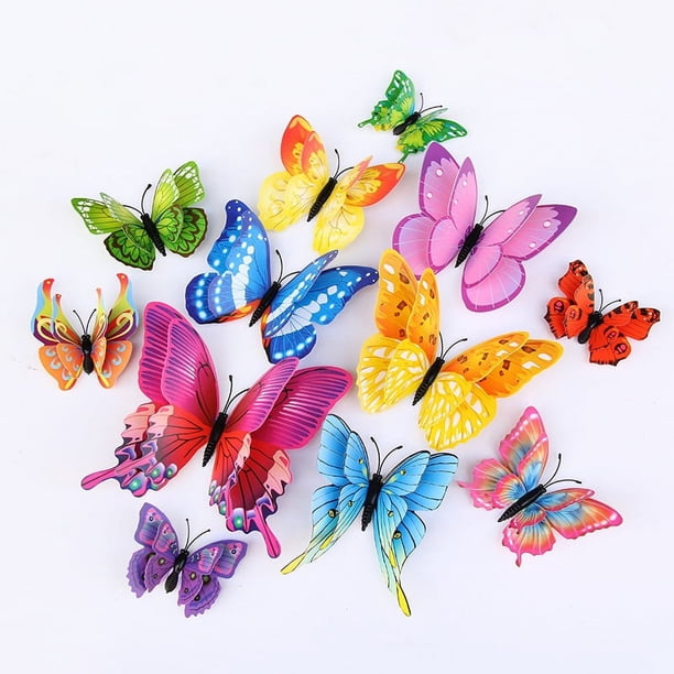 12pcs 3d Three-dimensional Double-layer Simulation Butterfly Stickers, Creative Simulation Butterfly Refrigerator Self-adhesive Sticker Magnet With Glue Sticker, Wardrobe Sticker