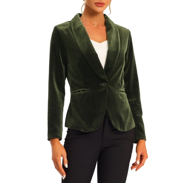 INSPIRE CHIC Blazer de Terciopelo para Mujer Color Sólido Cuello Chal Una Botón Traje para Trabajar XS Verde Oliva