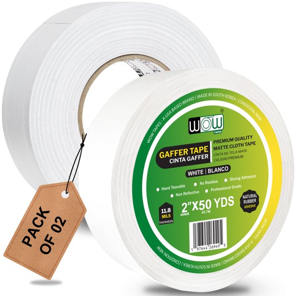 Cinta adhesiva Gaffers Wow, 50 m, blanca, 5 cm de ancho, sin residuos, paquete de 2