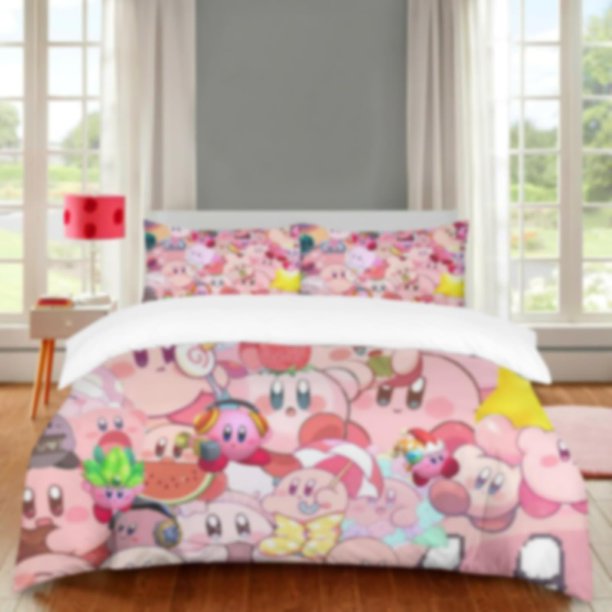 Pink Krbys Game Duvet Cover 3 Piece Bedding SetTeen Anime Comforter Cover Set Super Soft Duvet Cover with Pillowcase