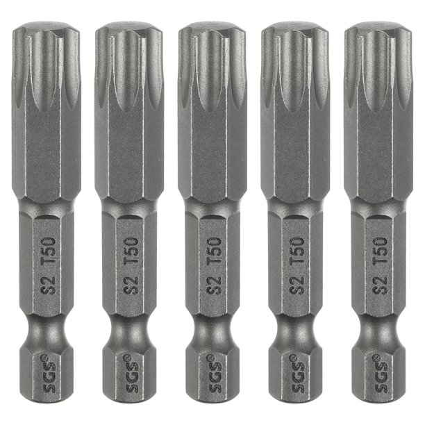 Uxcell 5 piezas Punta de Destornillador de Cabeza Torx T50 Vástago Hexagonal 1/4" 2" (50mm) Largo Magnético Sin Agujero Punta Estrella de 6 Puntos